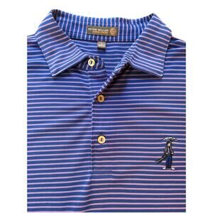 Peter Millar Summer Comfort Polo Shirt Mens L Blue Purple Stripe Logo Golf